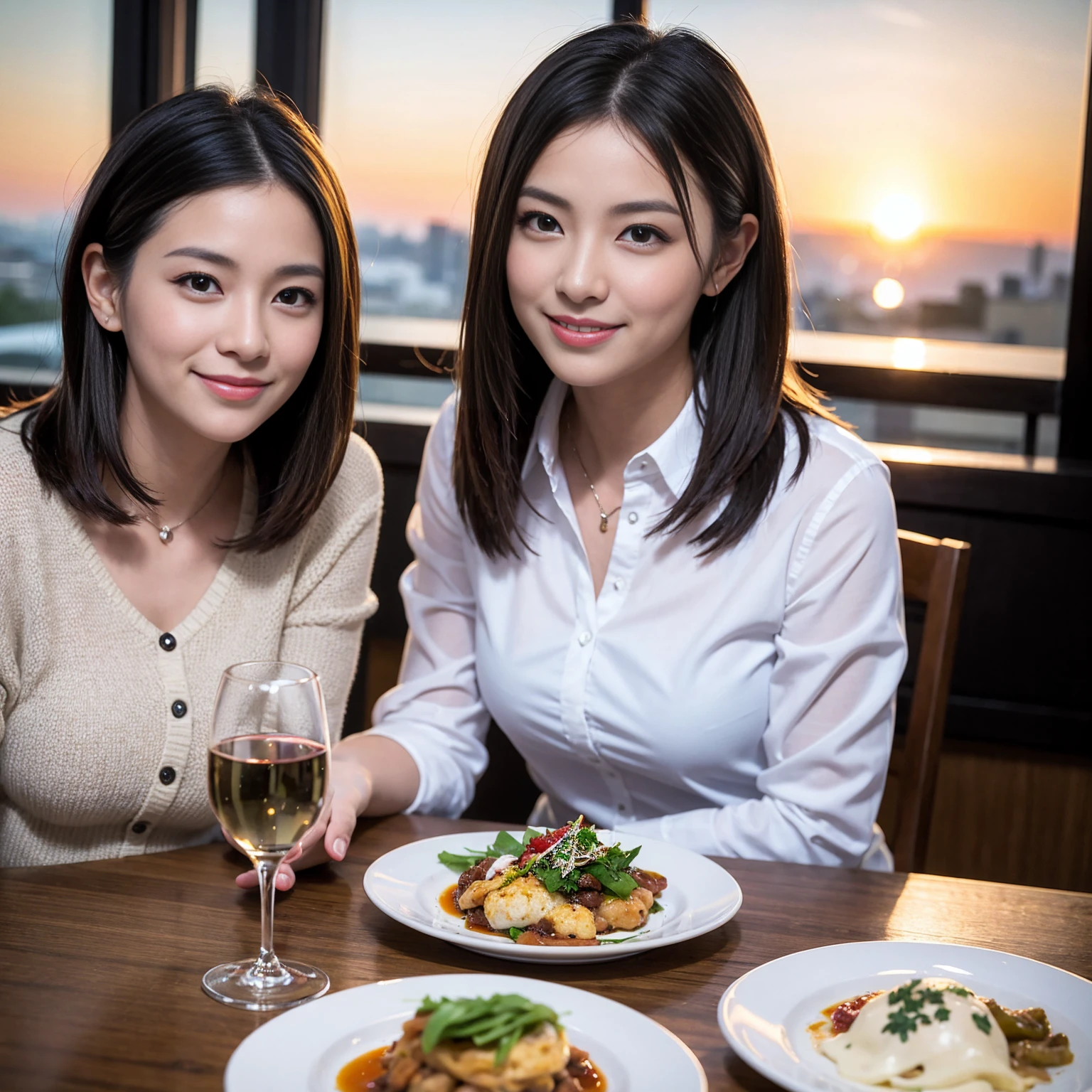 ((Highest quality、8K、masterpiece:1.3))、1 male 1 female、Slim lover、Beautiful couple、Japanese couple、smile、 (Slim face), (the body is スリム), (Brown Hair), (Shortcuts), ((Bob Hale、Straight hair:1.2)), Full course dinner on the table、wine glass、Please shine a light on my face、 Amazing view of the sunset sky and clouds、smileの美しさ、Bright image、Blushing, Shortcuts,Bright Face、,39 years old, red wine 、Appetizers、Italian food、Wine bottle、Champagne、sparkling wine、Long sleeve shirt、dress、Attractive beauty、restaurant, Nova Frog Style, actress, model, Upper Body, White wine, red wine, wine glass,