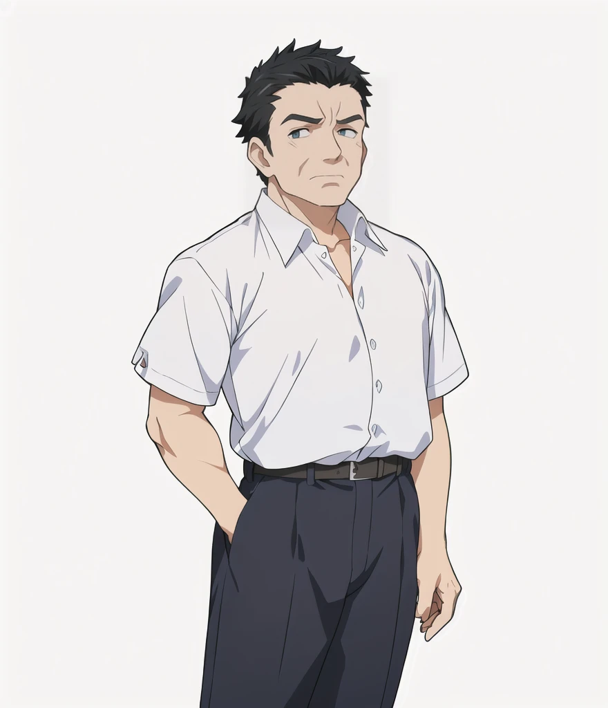Highest quality, high resolution, High quality anime art style, Official Art, Smooth anime CG art, Stylized anime, Visual Novel Sprites, White background, whole body, Anime-style 3D, Smooth anime CG art, Humanoid middle-aged man, criminal, A man wearing a white shirt and grey trousers, Old face, Tough-faced man, Deeply carved face, Long face, Short Hair, Black Hair, Crew cut, Slanted Eyes, Slightly open eyes, Muscular, 60 years old,