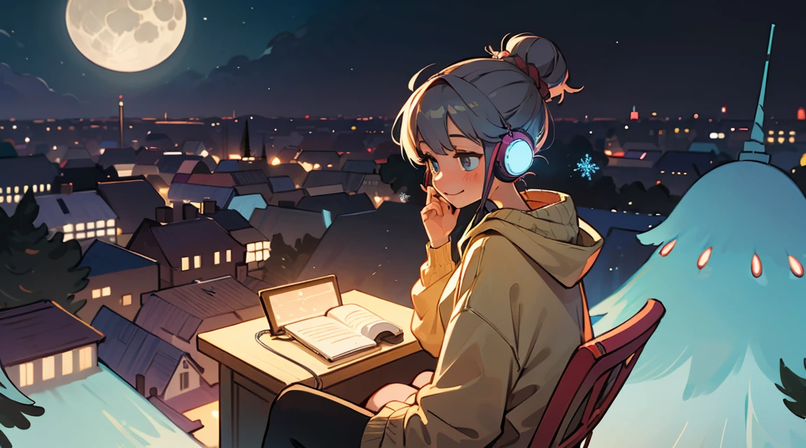 A beautiful girl is sitting in a quiet room, Looking out the window with headphones on on Christmas night. The room is lit by soft moonlight., All I can hear is the gentle hum of the city outside.. The girl is wearing a comfortable oversized hoodie and leggings, Her hair is tied up in a messy bun. She is smiling and relaxed, The music she listens to seems to bring her peace..