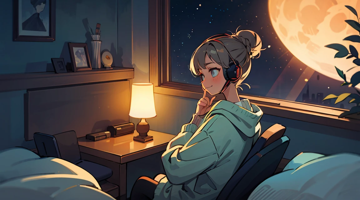 A beautiful girl is sitting in a quiet room, Looking out the window with headphones on on Christmas night. The room is lit by soft moonlight., All I can hear is the gentle hum of the city outside.. The girl is wearing a comfortable oversized hoodie and leggings, Her hair is tied up in a messy bun. She is smiling and relaxed, The music she listens to seems to bring her peace..