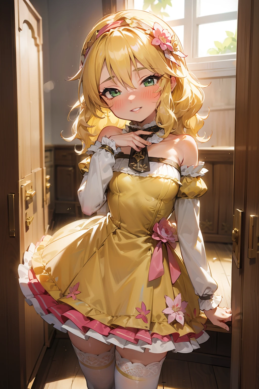 masterpiece,best quality, ultra-detailed,1girl(sakurai momoka, lovely small breasts, wavy hair,blonde hair, headband,  pink flower in hair,green eyes),a face in love, smile, parted lips, nose blush, blush, 
facing viewer , looking at viewer, solo, gold dress(ornate dress), frill, bare shoulders, frill, white lace thighhighs, in the locker room, standing,  Sexy waist teasing, 