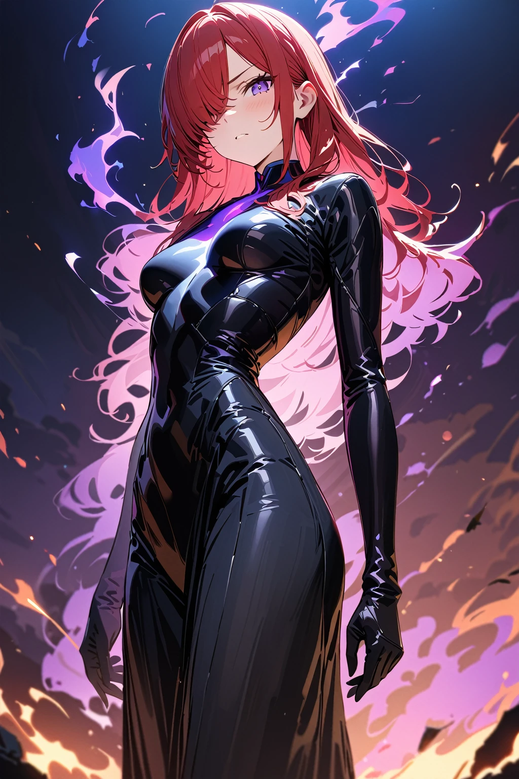 (masterpiece, best quality:1.5), (ultra detailed, high resolution, 8k, beautiful detailed, UHD, best anatomy), red hair, flat breasts, 1 cool girl, Background is red and blue flame effects, Jet black robe, Purple fiery aura over one eye, standing, night, Serious expression