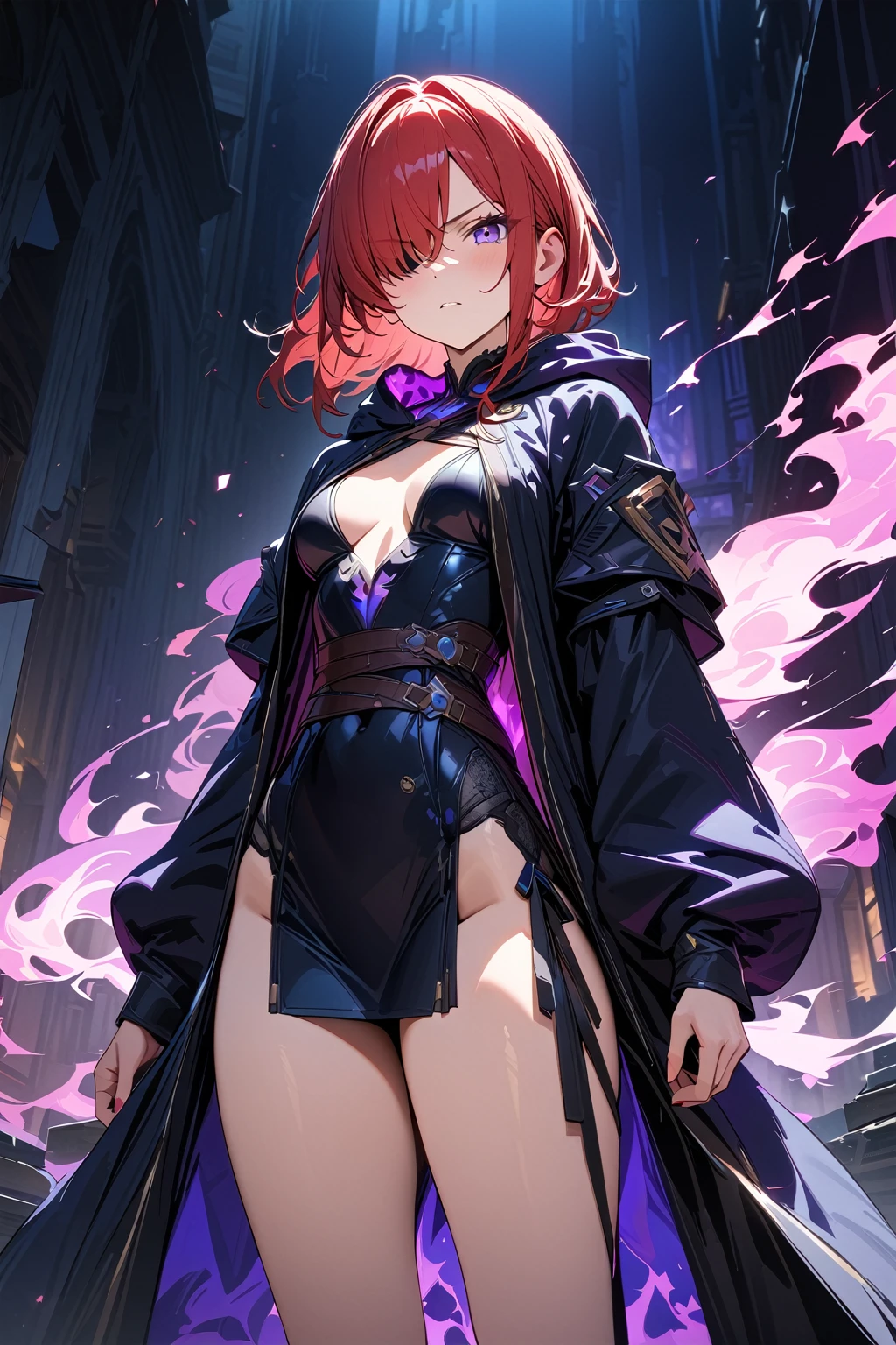 Nishikino maki, Purple eyes, red hair, purple crop top, strapless, cleavage, pelvic curtain, thighhighs,cape, black lips,dark magic, llchar