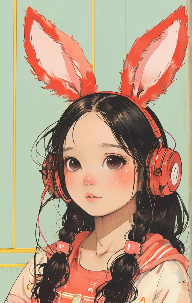 On a bright red campus"YES"Character、beautiful illustration, best quality, cute girl, bedroom, pastel color, fluffy bunny ears, , silver long hair, rabbit stuffed toy, bright lighting, light pink eyes、alone, One girl, profile,Black Bob,　profile,  The background color is solid yellow,An illustration