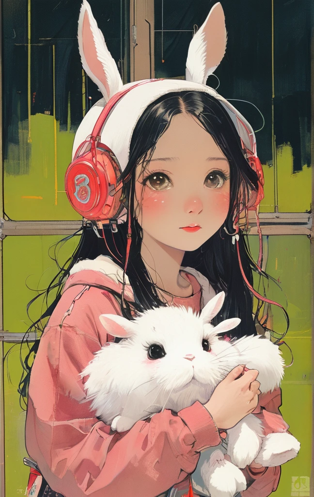 On a bright red campus"YES"Character、beautiful illustration, best quality, cute girl, bedroom, pastel color, fluffy bunny ears, , silver long hair, rabbit stuffed toy, bright lighting, light pink eyes、alone, One girl, profile,Black Bob,　profile,  The background color is solid yellow,An illustration