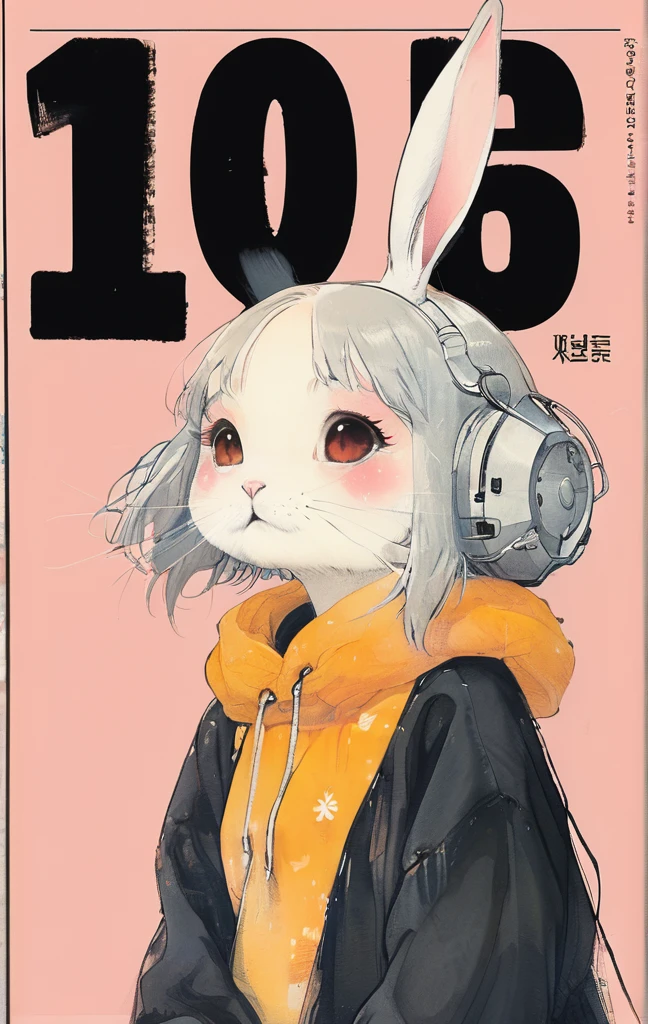 On a bright red campus"YES"Character、beautiful illustration, best quality, cute girl, bedroom, pastel color, fluffy bunny ears, , silver long hair, rabbit stuffed toy, bright lighting, light pink eyes、alone, One girl, profile,Black Bob,　profile,  The background color is solid yellow,An illustration