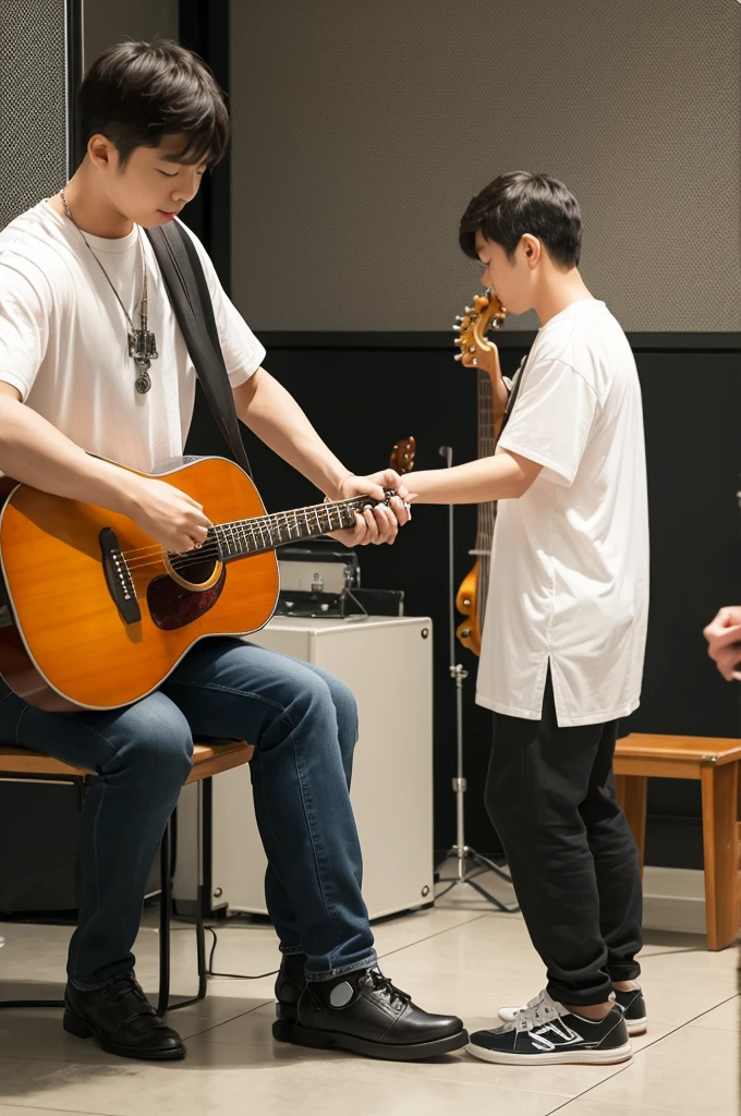 Three men playing musical instruments。It's fun to jump。