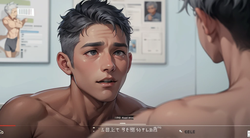 There are two gray-haired boys, they are talking, a little sad, they are shirtless.