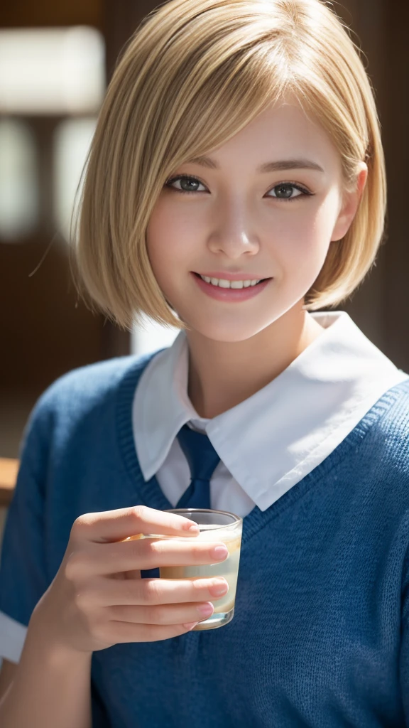 Highest quality,masterpiece:1.3,Ultra-high resolution),(Very detailed,Caustics,8K),(Realistic:1.4,RAW shooting),Wearing a high school uniform、American Girl,smile,18-year-old,Blonde Hair Color、American eyes、Short Bob Haircut,Looking into the camera,School corridor、Waist up shot,front,Face Focus,Face close-up,(Warm Light),Professional Writing、Drinking water from the tap with his face sideways