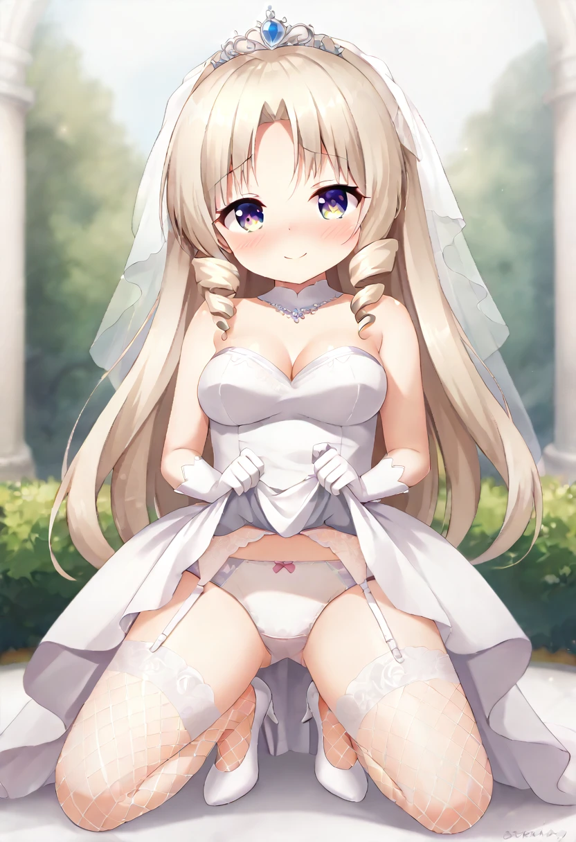 ((Highest quality)), ((masterpiece)), (be familiar with), Perfect Face, Big eyes, Drooping eyes, eyelash, The sparkling light of the eyes, platinum blonde twin drill hair, (wedding dress), (ta fashion), white fishnet tights, White garter belt, white high heels, tiara veil, white gloves, (mini skirt lift), (intricate detailed white satin panties), shy smile, medium breasts, smile, closed mouth, whole body