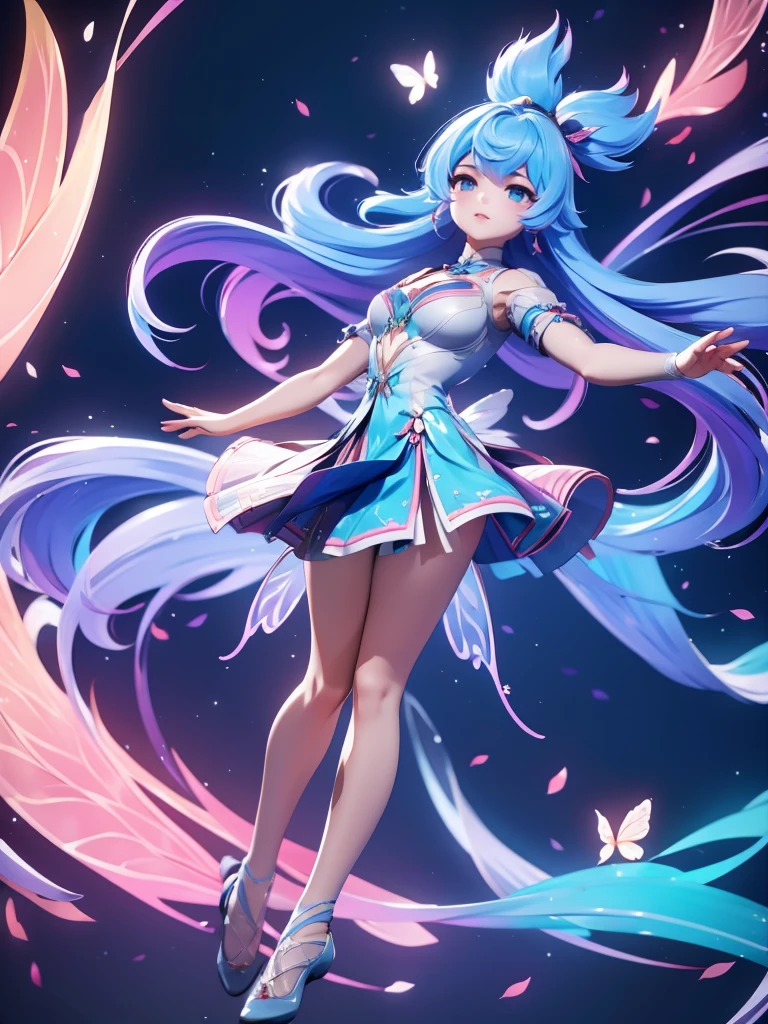 Seizo Watase style, Simple Line Initialism,Abstract art, 3d character, colorful hearts ,(((The most beautiful girl of all time))), (full body 1.2), only girl,very long hair, bufferfly and sky background, 25 year old, full body, (((8k))), (((3d)), blue and pink hair, Large butterfly wings on the back, moon,one hand raised above, hair divided on half, ballet dance