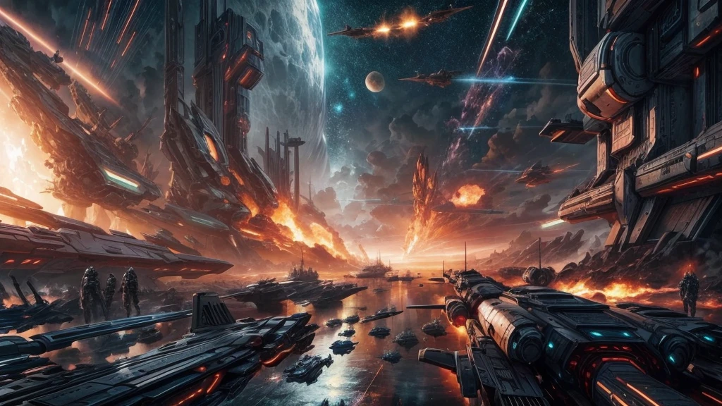 Epic sci-fi space battle scenes, alien spaceships, many small craft launching from large ships, phaser beams firing, attacking Earth's cities, people fleeing, dramatic lighting, cinematic angles, complex machinery, glowing energy fields, metallic textures, dramatic camera angles, epic scale, highly detailed, photorealistic, 8k, award-winning sci-fi concept art, moody color palette,