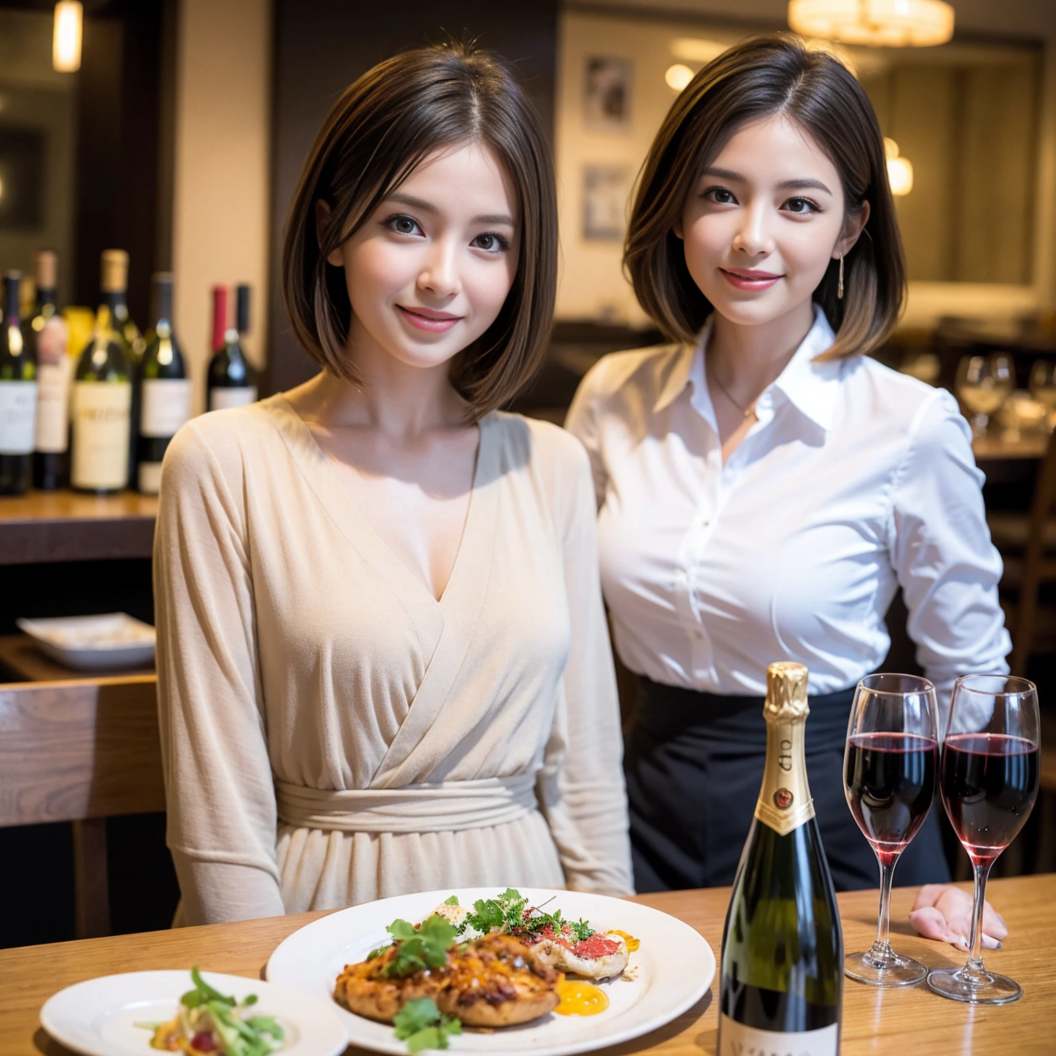 ((Highest quality、8K、masterpiece:1.3))、slimカップル、Pink Lover、modelカップル、(Realistic, Intricate details:1.2), full-course dinner、Wine Party、Amazing view of the sunset sky and clouds、A bright smile、The wonderfulness of smile、Bright image、The beauty of wine, Beautiful Face, blue eyes, The light shines on your face, Blushing, short hair,Bright Face、 (Age 37), 39 years old, red wine 、Appetizers、Italian food、Wine bottle、Champagne、sparkling wine、Two beauties、Brown Hair、Shortcuts、Long sleeve shirt、dress、Beautiful woman 1, (slimな顔), (The body is slim), (Brown Hair), (Shortcuts), cheeks turn a little red,Attractive beauty、restaurant, In a prominent place (From the waist up) Nova Frog Style, actress, model, Upper Body, White wine, slim, wine glass, 中央に置かれたwine glass, smile, (smile: 1.15), Beautiful fine grain, Depth f/2,saturation, High Contrast, Strong light and shadow,Moist Body:1.5、3D texture、Delicate eyes、Brown Hair、The hair is very shiny、