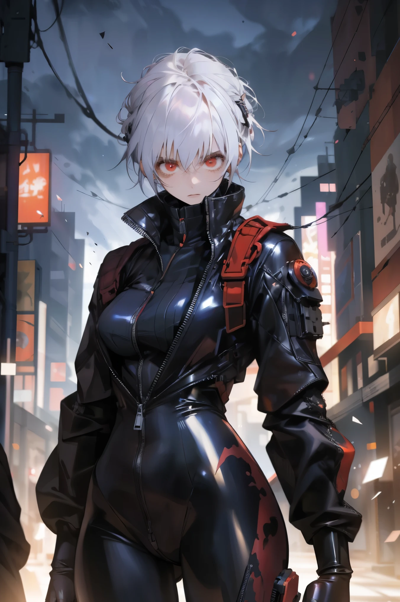 masterpiece, best quality, 8K, number, 1 girl, Solitary, stand up, youth, White hair, Long white hair, Hair accessories, Red Eyes, Round pupil, Emotionless expression, Blood, Mechanical Parts, electric wire, cable, Failure Effect, Shocking, Science fiction, Futuristic, The background is very dark, Neon, Cyberpunk Characters, Surreal, Strange, Disturbing, Creepy, Shocking, Jumpsuit,Red Eyes,Venom,nigrescence,Long black gloves,One-piece Pants,Tight latex bodysuit,Highlight her graceful figure,Wrap the whole body,Symbiote,((Sexy highlighted)),Jumpsuit,Red Eyes,Venom,nigrescence,Long black gloves,One-piece Pants,Black latex suit,Blood-Red Eyes,best quality, high resolution, Very detailed, Vivid texture, mask, Tight latex bodysuit, Bangs,Purple Hair, blue eyes