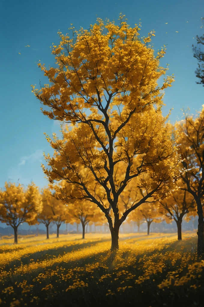 yellow flowers on a tree against a blue sky, yellow and blue, with yellow flowers around it, blue and yellow, yellow colours, yellow colors, detailed trees in bloom, yellow sunshine, beautiful sunny day, shades of yellow, some yellow and blue, breath-taking beautiful trees, breath - taking beautiful trees, yellow flowers, beautiful backlit, a beautiful tree
