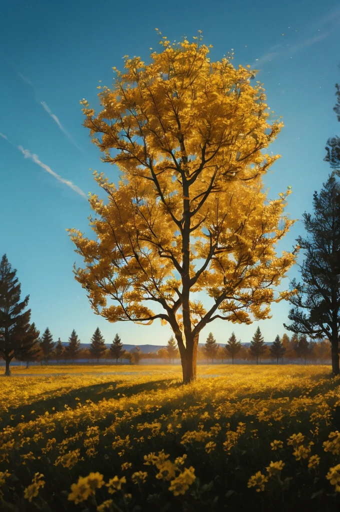 yellow flowers on a tree against a blue sky, yellow and blue, with yellow flowers around it, blue and yellow, yellow colours, yellow colors, detailed trees in bloom, yellow sunshine, beautiful sunny day, shades of yellow, some yellow and blue, breath-taking beautiful trees, breath - taking beautiful trees, yellow flowers, beautiful backlit, a beautiful tree