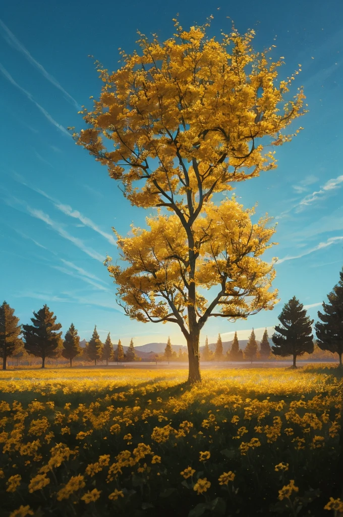 yellow flowers on a tree against a blue sky, yellow and blue, with yellow flowers around it, blue and yellow, yellow colours, yellow colors, detailed trees in bloom, yellow sunshine, beautiful sunny day, shades of yellow, some yellow and blue, breath-taking beautiful trees, breath - taking beautiful trees, yellow flowers, beautiful backlit, a beautiful tree