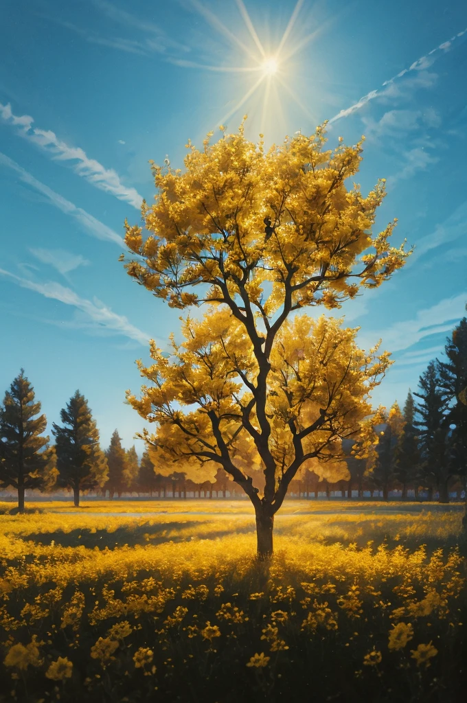 yellow flowers on a tree against a blue sky, yellow and blue, with yellow flowers around it, blue and yellow, yellow colours, yellow colors, detailed trees in bloom, yellow sunshine, beautiful sunny day, shades of yellow, some yellow and blue, breath-taking beautiful trees, breath - taking beautiful trees, yellow flowers, beautiful backlit, a beautiful tree