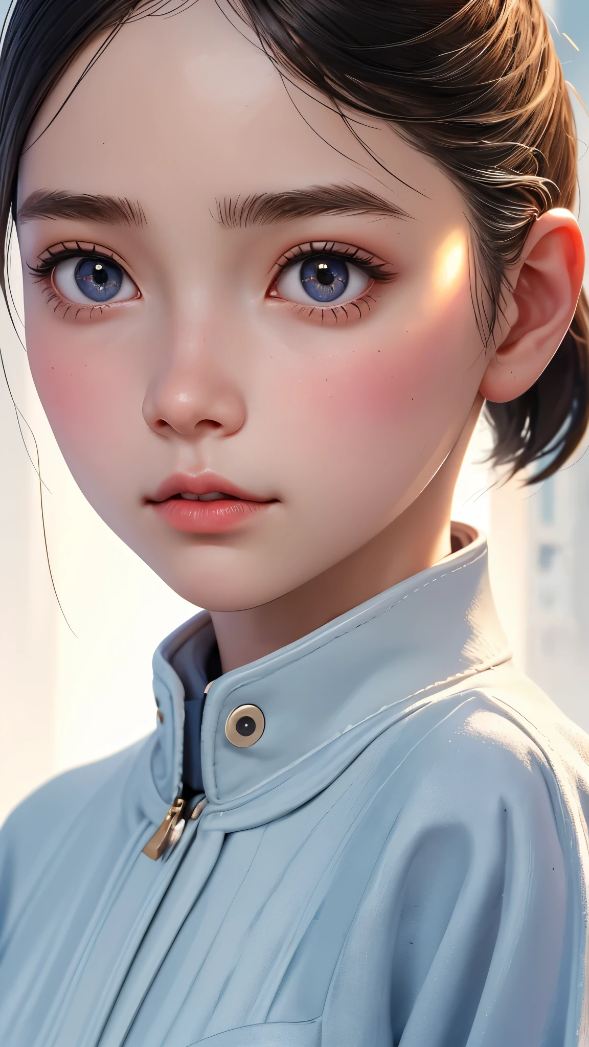 One Girl,(1人のとてもcute女の子:1.3),masterpiece,Highest quality,High resolution,From below,Low - Angle,Photorealistic,RAW Photos,Ray Tracing,beautiful girl,(:1.3),cute,Big eyes,(detailed pupils:1.2),(The face is facing straight ahead:1.3),Body facing forward,Beautiful nose,High nose,Upturned nose,Fuller lips,Short black hair,ponytail,short hair,Detailed eyelashes,Thin eyebrows,Very fine grain definition,(Symmetrical eyes:1.3),(Face close-up,Face Focus:1.0),Small breasts,Short neck,,Red and white brick building,Western-style building,poplar tree,Portrait,View Viewer,Upper Body,Cinema Lighting,High resolution,Very detailed