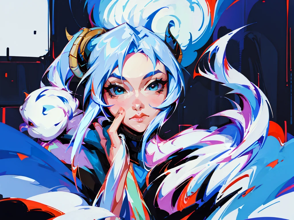 Sheep horns are cute,Blue Hair,woman,childhood,Hand-painted style