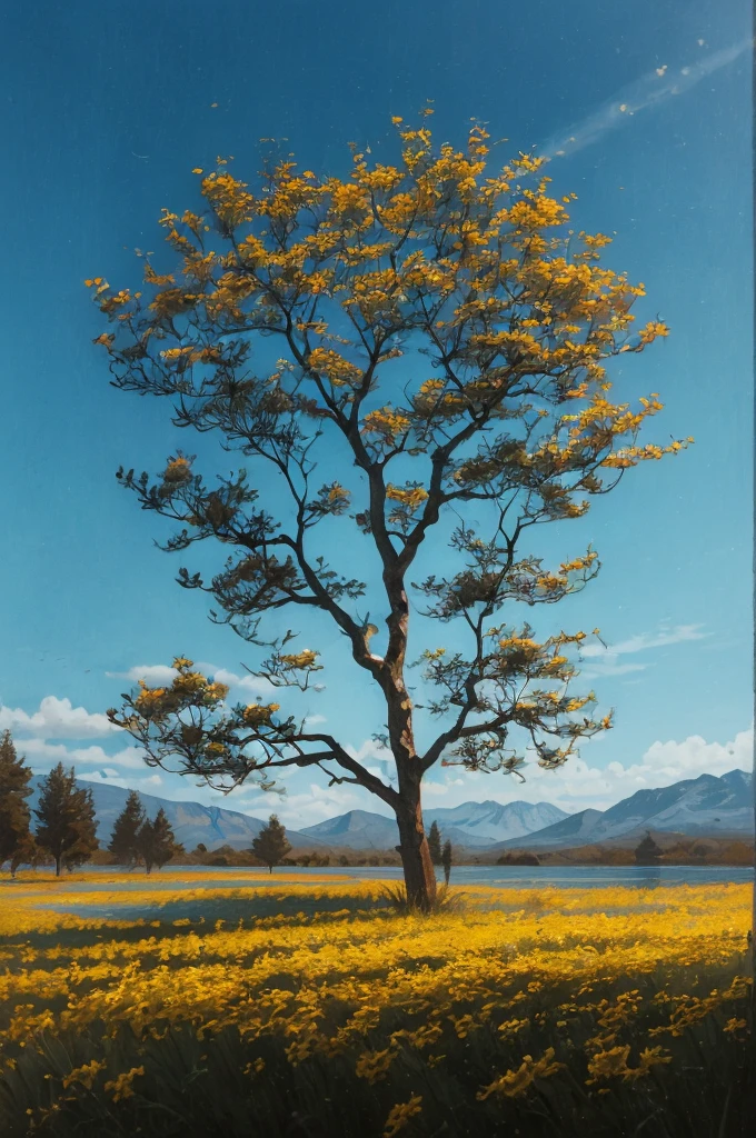 yellow flowers on a tree against a blue sky, a photo by Manuel Franquelo, flickr, art nouveau, yellow and blue, with yellow flowers around it, blue and yellow, yellow colours, yellow colors, detailed trees in bloom, yellow sunshine, beautiful sunny day, shades of yellow, some yellow and blue, breath-taking beautiful trees