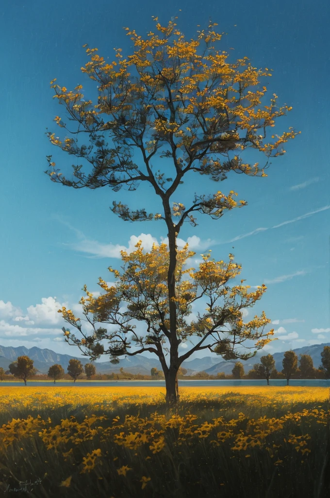 yellow flowers on a tree against a blue sky, yellow and blue, with yellow flowers around it, blue and yellow, yellow colours, yellow colors, detailed trees in bloom, yellow sunshine, beautiful sunny day, shades of yellow, some yellow and blue, breath-taking beautiful trees, breath - taking beautiful trees, yellow flowers, beautiful backlit, a beautiful tree