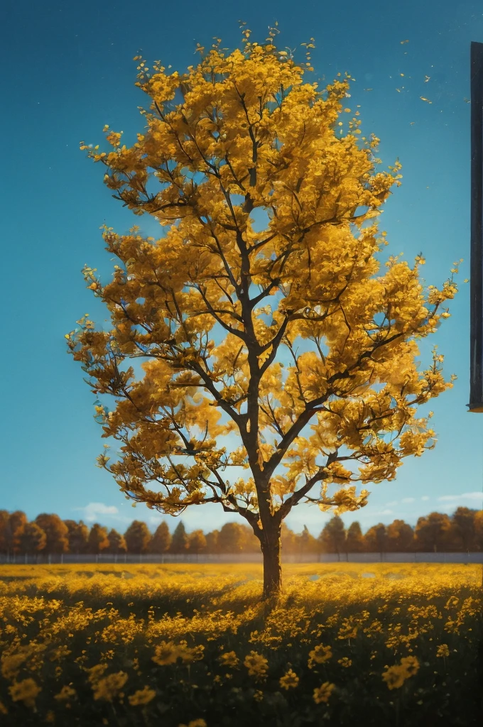 yellow flowers on a tree against a blue sky, yellow and blue, with yellow flowers around it, blue and yellow, yellow colours, yellow colors, detailed trees in bloom, yellow sunshine, beautiful sunny day, shades of yellow, some yellow and blue, breath-taking beautiful trees, breath - taking beautiful trees, yellow flowers, beautiful backlit, a beautiful tree