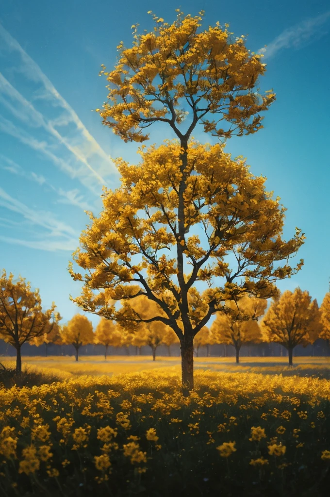 yellow flowers on a tree against a blue sky, yellow and blue, with yellow flowers around it, blue and yellow, yellow colours, yellow colors, detailed trees in bloom, yellow sunshine, beautiful sunny day, shades of yellow, some yellow and blue, breath-taking beautiful trees, breath - taking beautiful trees, yellow flowers, beautiful backlit, a beautiful tree
