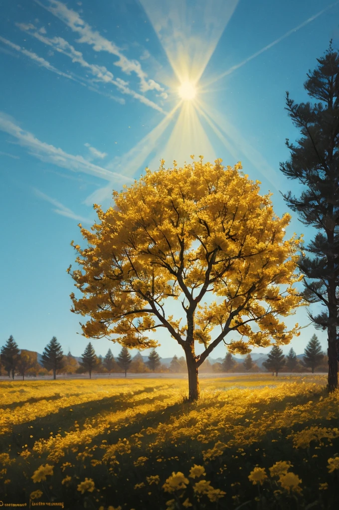 yellow flowers on a tree against a blue sky, yellow and blue, with yellow flowers around it, blue and yellow, yellow colours, yellow colors, detailed trees in bloom, yellow sunshine, beautiful sunny day, shades of yellow, some yellow and blue, breath-taking beautiful trees, breath - taking beautiful trees, yellow flowers, beautiful backlit, a beautiful tree