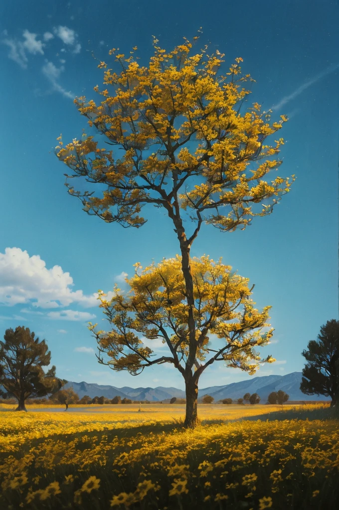 yellow flowers on a tree against a blue sky, yellow and blue, with yellow flowers around it, blue and yellow, yellow colours, yellow colors, detailed trees in bloom, yellow sunshine, beautiful sunny day, shades of yellow, some yellow and blue, breath-taking beautiful trees, breath - taking beautiful trees, yellow flowers, beautiful backlit, a beautiful tree