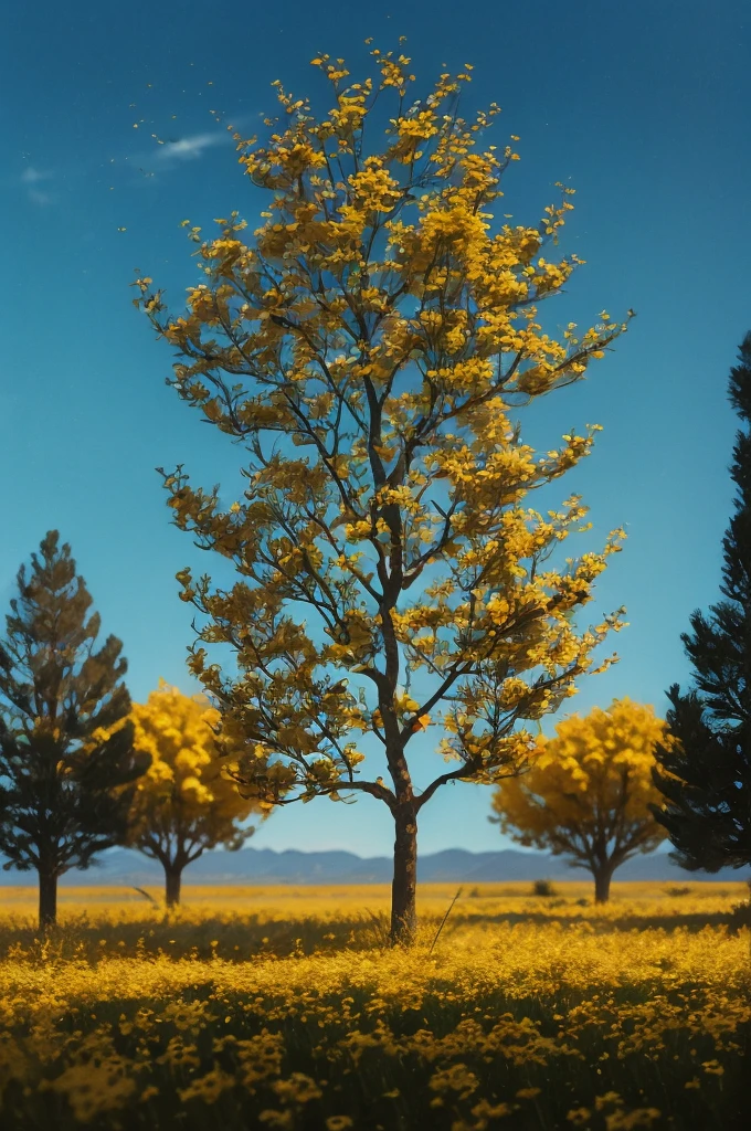 yellow flowers on a tree against a blue sky, yellow and blue, with yellow flowers around it, blue and yellow, yellow colours, yellow colors, detailed trees in bloom, yellow sunshine, beautiful sunny day, shades of yellow, some yellow and blue, breath-taking beautiful trees, breath - taking beautiful trees, yellow flowers, beautiful backlit, a beautiful tree