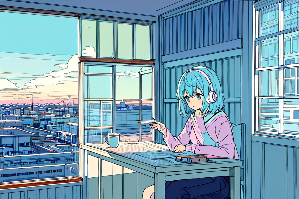 pastel colour、Beautiful girl studying at a desk in her room while listening to music with headphones、Light blue hair、radio、Coffee cup、 quiet night,Japanese anime