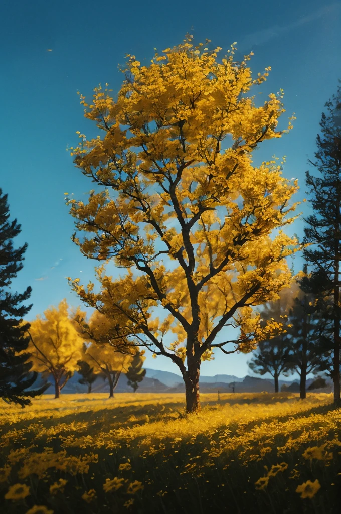 yellow flowers on a tree against a blue sky, yellow and blue, with yellow flowers around it, blue and yellow, yellow colours, yellow colors, detailed trees in bloom, yellow sunshine, beautiful sunny day, shades of yellow, some yellow and blue, breath-taking beautiful trees, breath - taking beautiful trees, yellow flowers, beautiful backlit, a beautiful tree
