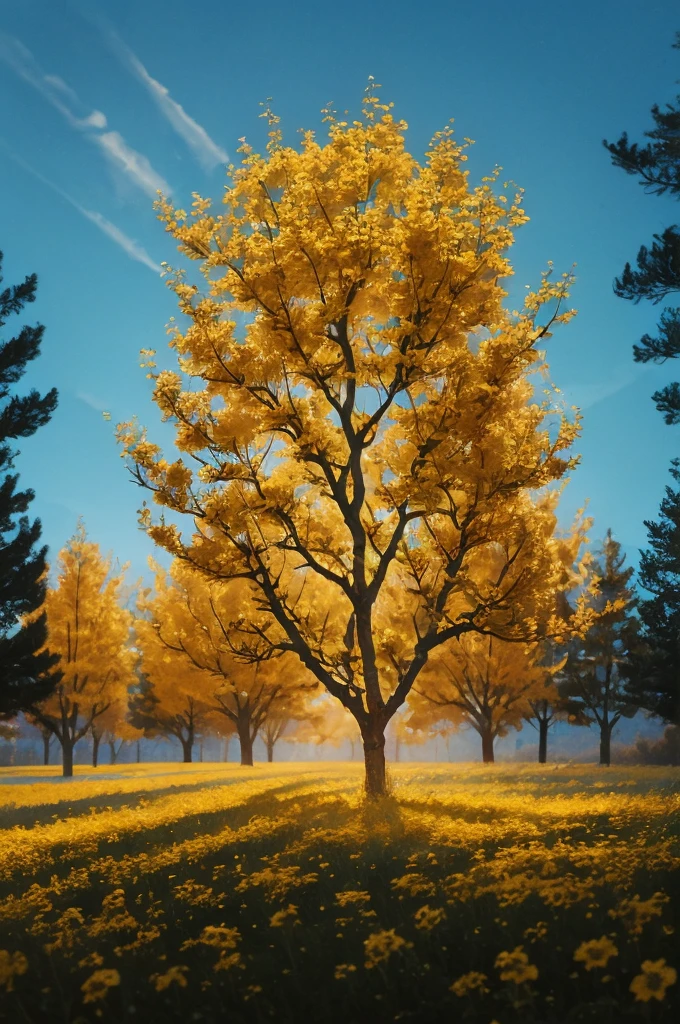 yellow flowers on a tree against a blue sky, yellow and blue, with yellow flowers around it, blue and yellow, yellow colours, yellow colors, detailed trees in bloom, yellow sunshine, beautiful sunny day, shades of yellow, some yellow and blue, breath-taking beautiful trees, breath - taking beautiful trees, yellow flowers, beautiful backlit, a beautiful tree