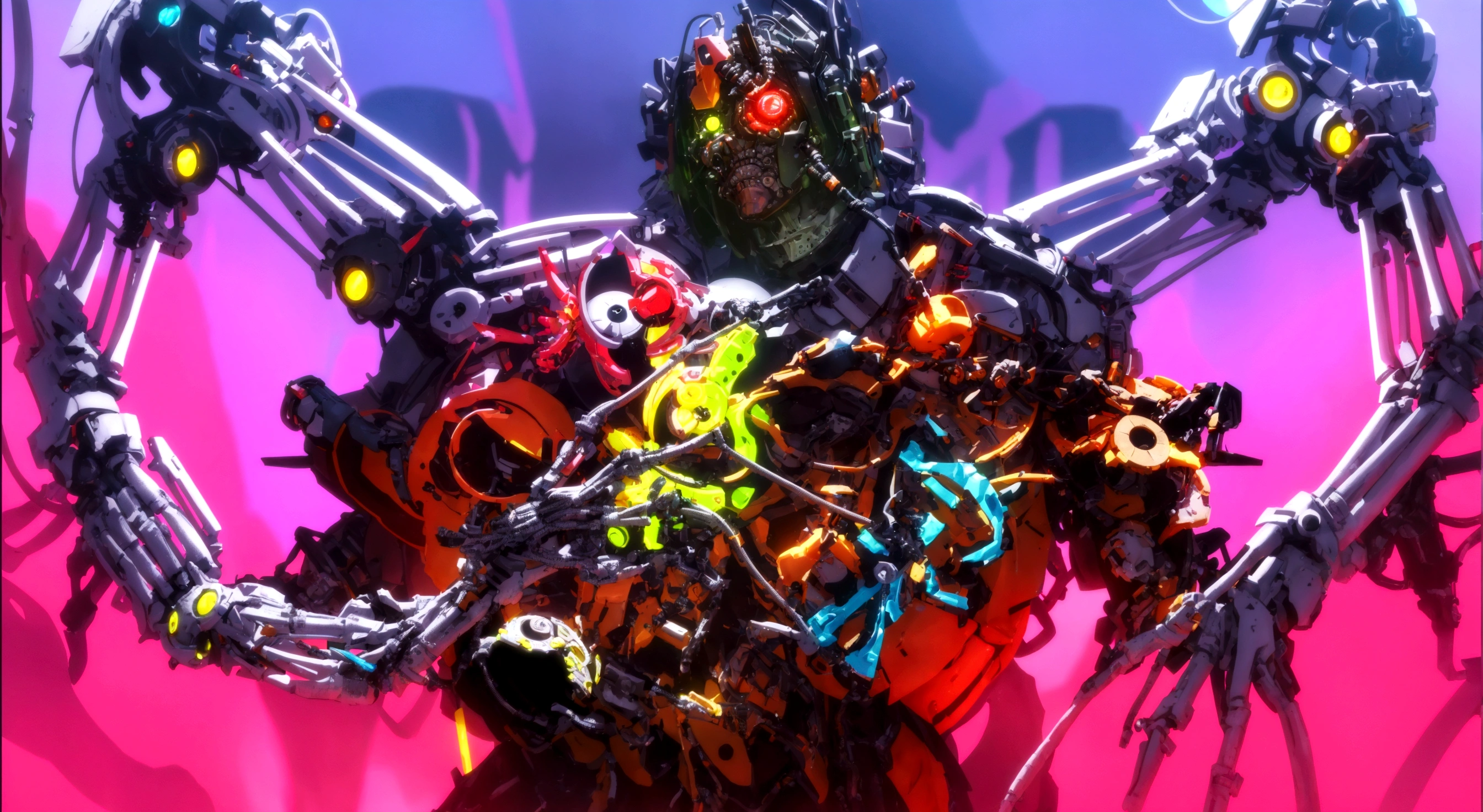 close-up of a robot with many different toys, Colorful sci-fi steampunk, cool composition, Neon punk, Fractalpunk, death and Robots, Love death and Robots, colorful bright octane render, Love death + Robots, Official work of art, Neon steampunk, reypunk, duelist style, neon scales and cyborg technology, menacing look