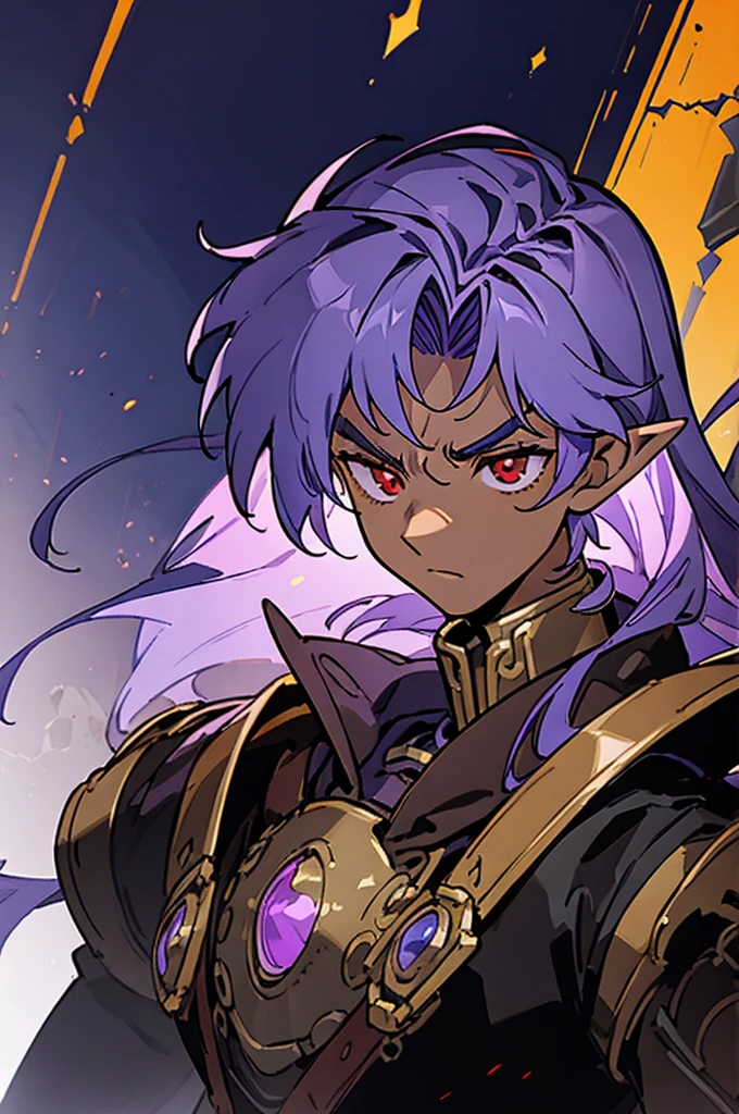 masterpiece, best quality, ultra high res, dark theme, 1boy, (dungeonpunk armor), (mechanical steampunk armor), (wearing armor), fantasy illustration, dark skinned, human, upper body, portrait, red eyes, long white hair, half-drow, pointy ears, serious face, young man, dramatic lighting, purple hue, art by Kinema Citrus