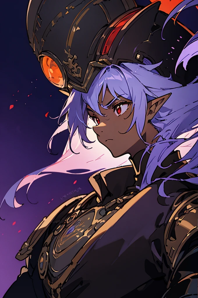 masterpiece, best quality, ultra high res, dark theme, 1boy, (dungeonpunk armor), (mechanical steampunk armor), (wearing armor), fantasy illustration, dark skinned, human, upper body, portrait, red eyes, long white hair, half-drow, pointy ears, serious face, young man, dramatic lighting, purple hue, art by Kinema Citrus