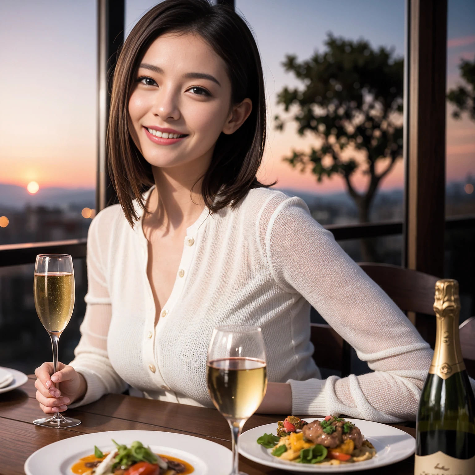 ((Highest quality、8K、masterpiece:1.3))、slimカップル、Pink Lover、modelカップル、(Realistic, Intricate details:1.2), full-course dinner、Wine Party、Amazing view of the sunset sky and clouds、A bright smile、The wonderfulness of smile、Bright image、The beauty of wine, Beautiful Face, blue eyes, The light shines on your face, Blushing, short hair,Bright Face、 (Age 37), 39 years old, red wine 、Appetizers、Italian food、Wine bottle、Champagne、sparkling wine、Two beauties、Brown Hair、Shortcuts、Long sleeve shirt、dress、Beautiful woman 1, (slimな顔), (The body is slim), (Brown Hair), (Shortcuts), cheeks turn a little red,Attractive beauty、restaurant, In a prominent place (From the waist up) Nova Frog Style, actress, model, Upper Body, White wine, slim, wine glass, 中央に置かれたwine glass, smile, (smile: 1.15), Beautiful fine grain, Depth f/2,saturation, High Contrast, Strong light and shadow,Moist Body:1.5、3D texture、Delicate eyes、Brown Hair、The hair is very shiny、