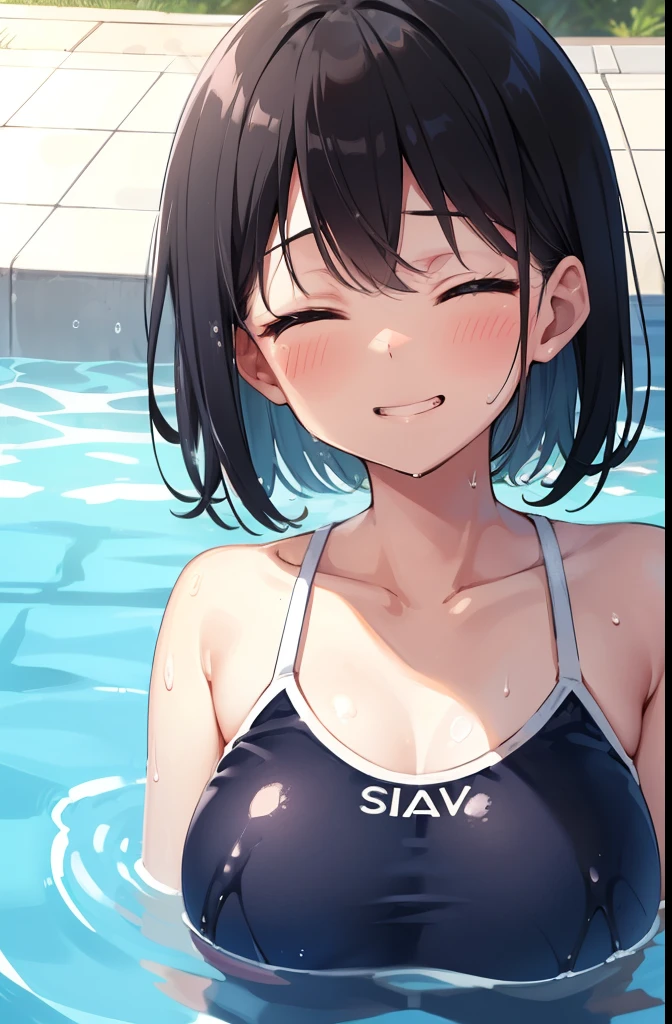 Swimming in the pool,Grin,Close ~ eyes,1 ,Two-block shorthair,Black Hair,blush,Navy school swimsuit,White skin,summer,From below,shy,Wet,Open your mouth wide,Wet,sun