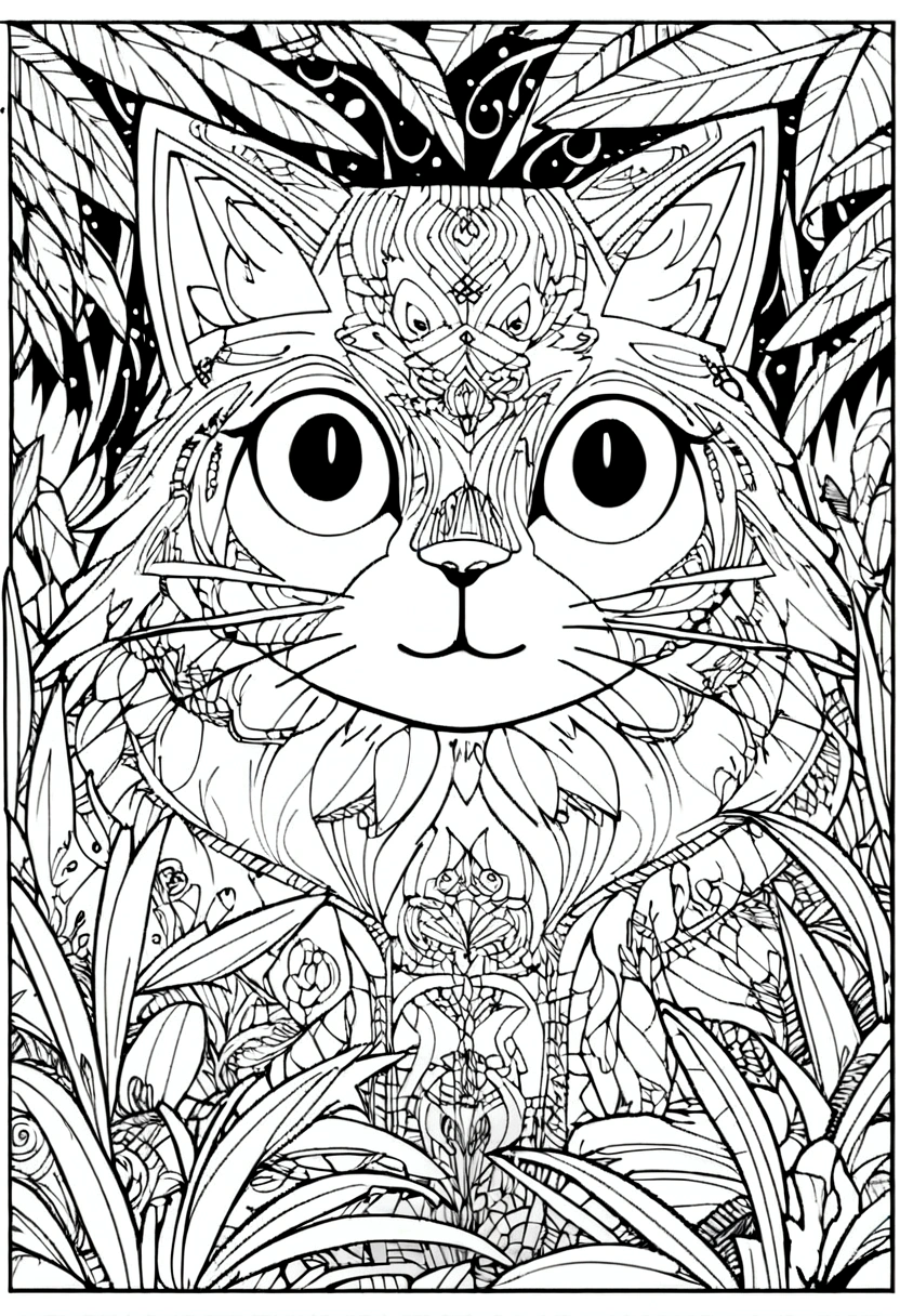 A drawing of an angora cat lying in a jungle field., coloring page, very detailed illustration, very detailed lines, extremely detailed line work, Very detailed portrait, incredibly detailed line of work, hyper detailed line art, Very detailed drawing, line art coloring page, very detailed illustration.", extremely detailed portrait, very detailed illustration, very detailed artwork, detailed digital drawing