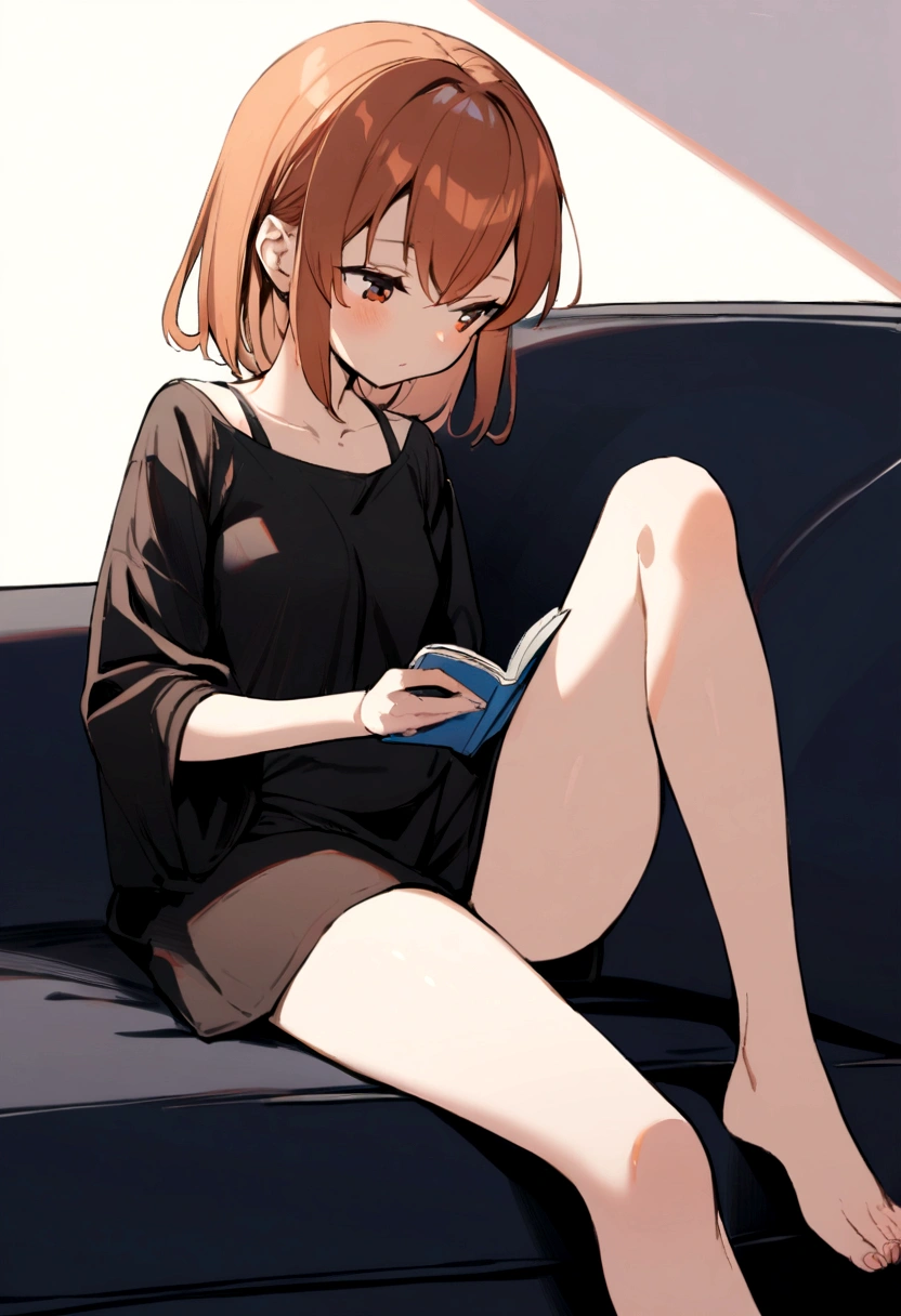 1 girl,would sit, smallbreast,russet hair, wearing an oversized black casual shirt that reaches his thighs,lying boldly on a sofa, reading a book .