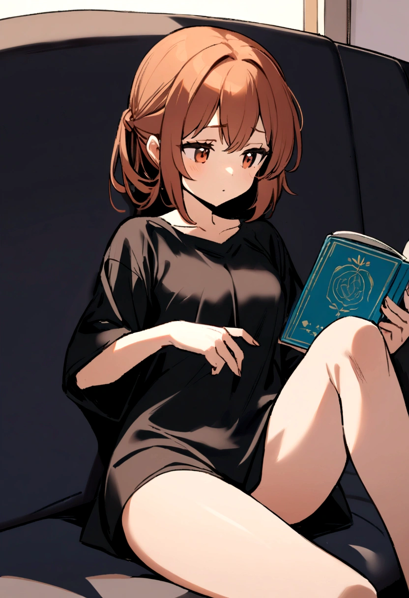 1 girl,would sit, smallbreast,russet hair, wearing an oversized black casual shirt that reaches his thighs,lying boldly on a sofa, reading a book .