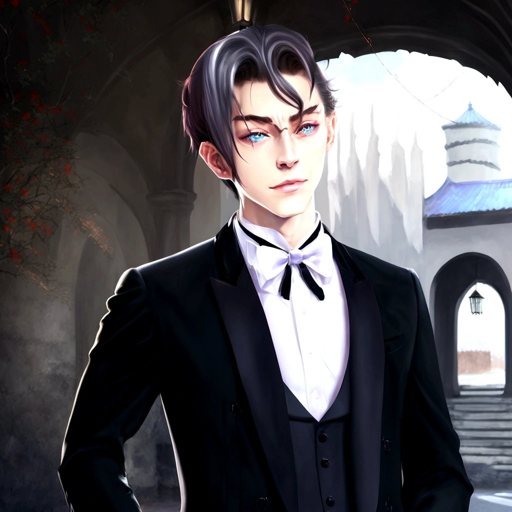 Realistic image of a man in a tuxedo standing in a courtyard, Beautiful androgynous prince, A delicate androgynous prince, Handsome men from Demon Slayer, Tall realistic man with blue eyes, Wearing a black aristocratic suit, Gweiz-style artwork, Anime Handsome Man, Official character art, Created by Anime Painter Studio
