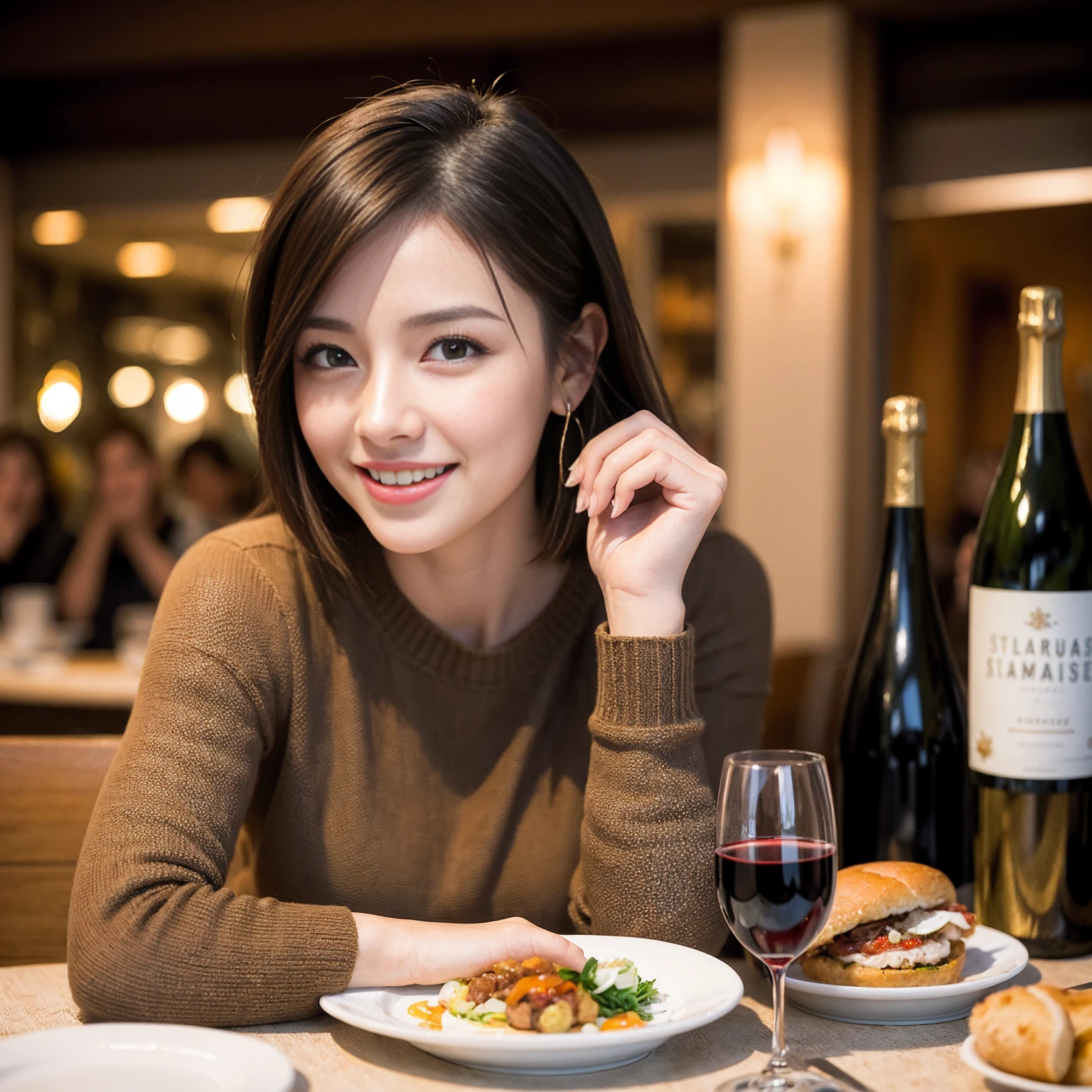 ((Highest quality、8K、masterpiece:1.3))、slimカップル、Pink rubber、modelカップル、(Realistic, Intricate details:1.2), full-course dinner、Wine Party、Amazing view of the sunset sky and clouds、A bright smile、The wonderfulness of smile、Bright image、The beauty of wine, Beautiful Face, blue eyes, The light shines on your face, Blushing, short hair,Bright Face、 (Age 37), 39 years old, red wine 、Appetizers、Italian food、Wine bottle、Champagne、sparkling wine、Two beauties、Brown Hair、Shortcuts、Long sleeve shirt、dress、Beautiful woman 1, (slimな顔), (The body is slim), (Brown Hair), (Shortcuts), cheeks turn a little red,Attractive beauty、restaurant, In a prominent place (From the waist up) Nova Frog Style, actress, model, Upper Body, White wine, slim, wine glass, 中央に置かれたwine glass, smile, (smile: 1.15), Beautiful fine grain, Depth f/2,saturation, High Contrast, Strong light and shadow,Moist Body:1.5、3D texture、Delicate eyes、Brown Hair、The hair is very shiny、