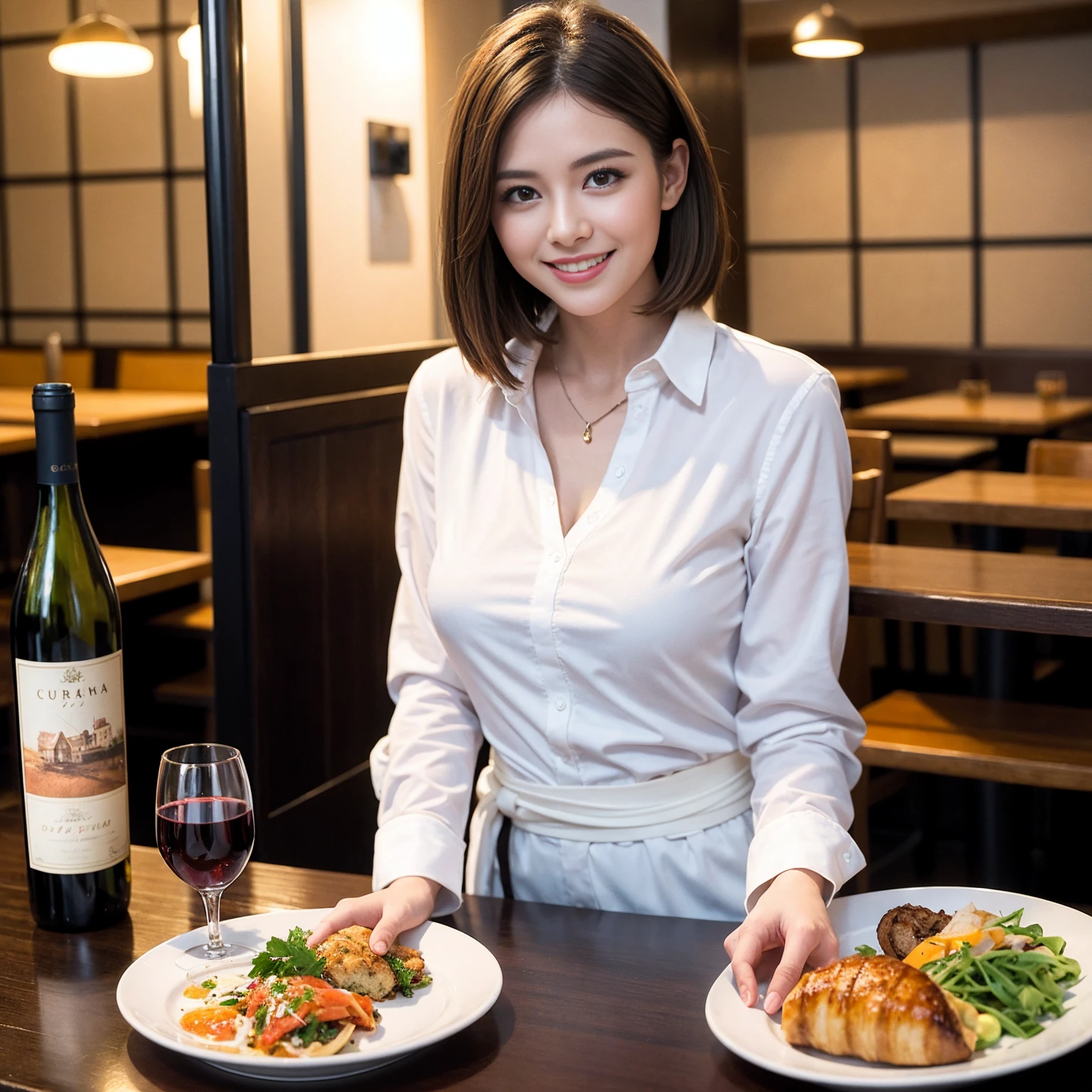 ((Highest quality、8K、masterpiece:1.3))、slimカップル、Pink rubber、modelカップル、(Realistic, Intricate details:1.2), full-course dinner、Wine Party、Amazing view of the sunset sky and clouds、A bright smile、The wonderfulness of smile、Bright image、The beauty of wine, Beautiful Face, blue eyes, The light shines on your face, Blushing, short hair,Bright Face、 (Age 37), 39 years old, red wine 、Appetizers、Italian food、Wine bottle、Champagne、sparkling wine、Two beauties、Brown Hair、Shortcuts、Long sleeve shirt、dress、Beautiful woman 1, (slimな顔), (The body is slim), (Brown Hair), (Shortcuts), cheeks turn a little red,Attractive beauty、restaurant, In a prominent place (From the waist up) Nova Frog Style, actress, model, Upper Body, White wine, slim, wine glass, 中央に置かれたwine glass, smile, (smile: 1.15), Beautiful fine grain, Depth f/2,saturation, High Contrast, Strong light and shadow,Moist Body:1.5、3D texture、Delicate eyes、Brown Hair、The hair is very shiny、