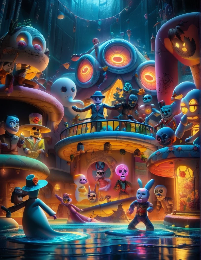 an evil astronaut stalks a cute fluffy bunny wearing a dia de los muertos costume, that gleefully dances in a pool of water. dark dance photography, intricate detailed 8 k environment, gary baseman, preston blair, tex avery, dan mumford, pedro correa, high times magazine aesthetic, more_details:-1, more_details:0, more_details:0.5, more_details:1, more_details:1.5, masterpiece, bestquality, ultra-detailed, detailed scenery, cinematic effect, ghost nocturnal