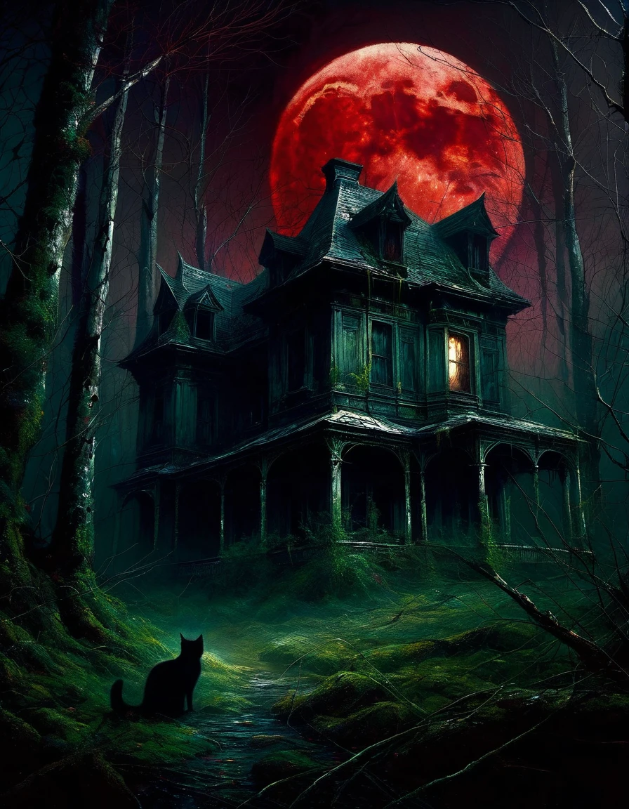 A sinister feline in the gloomy forest, An abandoned residence under the red moon, painting, Dark and atmospheric, Very detailed, Surrealism, Dramatic Lighting, Rich texture, Moody Palette, Inspired by Sienkiewicz, masterpiece, best quality, 8K, Extremely detailed, Reality