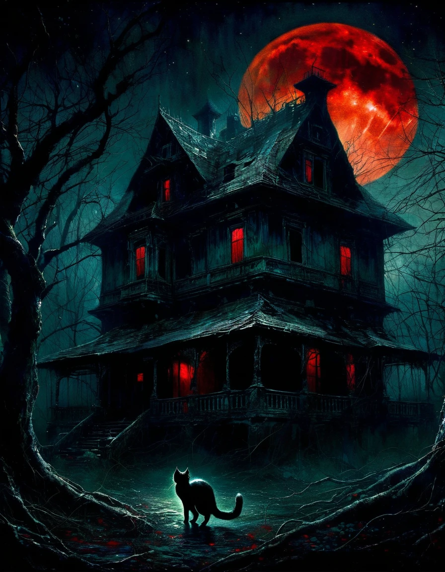 A sinister feline in the gloomy forest, An abandoned residence under the red moon, painting, Dark and atmospheric, Very detailed, Surrealism, Dramatic Lighting, Rich texture, Moody Palette, Inspired by Sienkiewicz, masterpiece, best quality, 8K, Extremely detailed, Reality