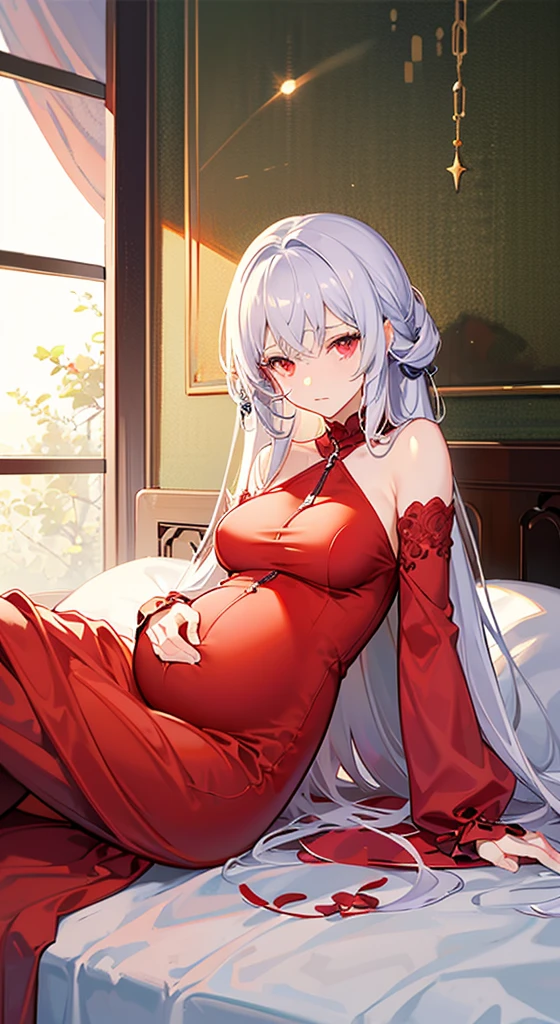 one pregnant anime girl with white hair and red eyes, chained and laying on a bed. Sad. breast feeding