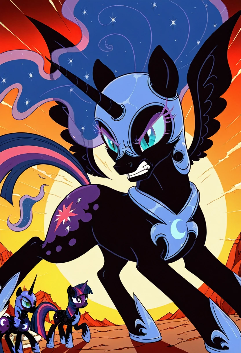 Pony nightmare moon Black .black head mask  angry in the  armor fight Twilight sparkle 
